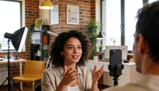 Recording content creator addressing smartphone on tripod in brick studio with softbox