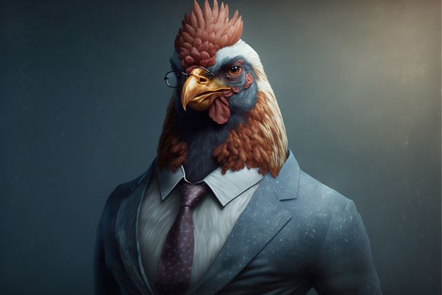 Portrait of hen with glasses, suit and tie, on grey, created using generative ai technology. Nature and style concept, digitally generated image.