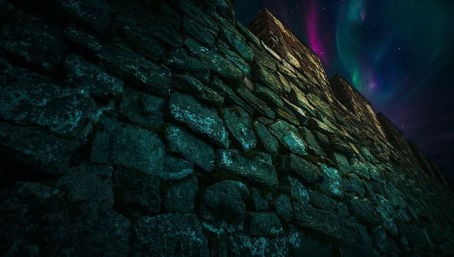 Moss-covered dry-stone pyramid wall rising beneath vibrant aurora borealis sky