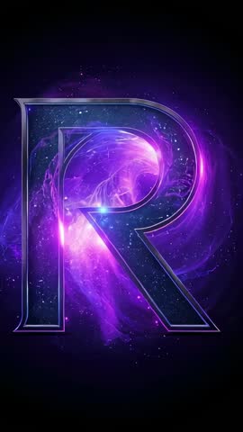 Futuristic Metallic Letter R Pulsing with Purple Nebula and Cosmic Sparks Vertical Loop