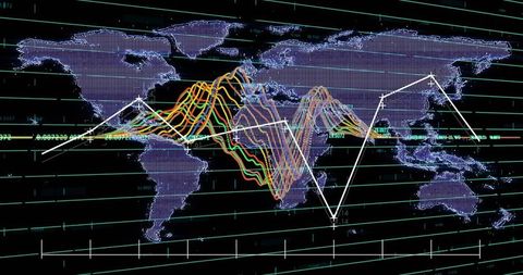 World map with flowing data streams on digital screen