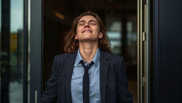 Relieved professional woman taking deep breath in office doorway wearing navy blazer