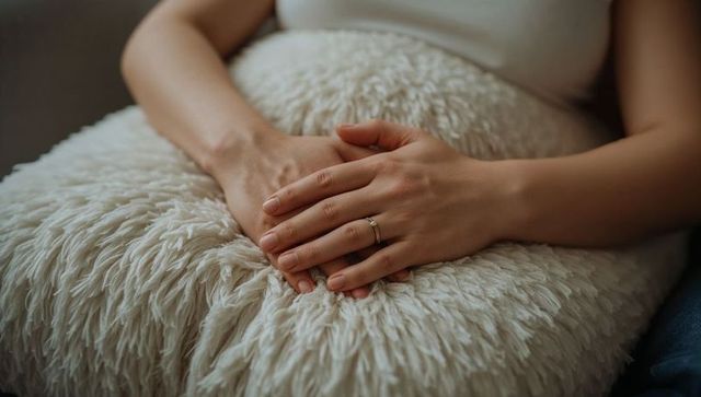 Resting hands on white shaggy cushion on lap wearing gold ring, cozy home relaxation