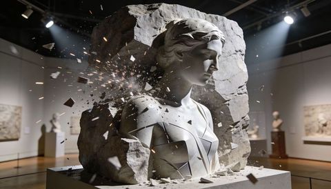 Classical marble bust emerging from rough block, fragments and sparks flying in gallery