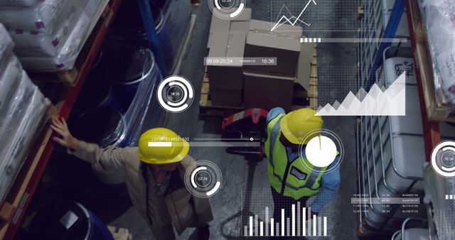 Picture of two workers in warehouse using data visualization technology to improve inventory management. Suitable for articles on modern logistics, business technology, and industrial efficiency.