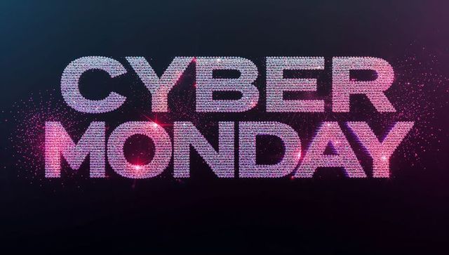 Glittering Cyber Monday Neon Typography scattering Magenta Particles and Sparkling Banner