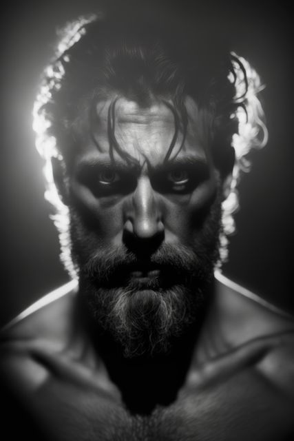 Intense monochrome portrait showcasing a rugged bearded man with a strong, serious expression. The dramatic use of lighting emphasizes the contours of his face, creating deep shadows and highlights. This image can be used in advertisements, editorial pieces, artistic projects, or wherever a powerful and emotive visual impact is needed.