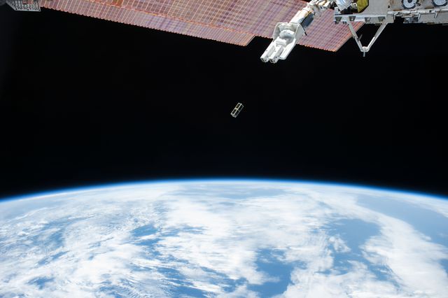 ISS045E014236 (09/17/2015) – A Japanese Small Satellite is deployed from outside the Japanese Experiment Module on Sept. 17, 2015. Two satellites were sent into Earth orbit by the Small Satellite Orbital Deployer. The first satellite is designed to observe the Ultraviolet (UV) spectrum during the Orionid meteor shower in October.  The second satellite, sponsored by the University of Brasilia and the Brazilian government, focuses on meteorological data collection.