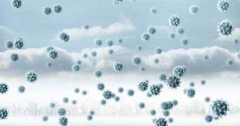 Floating Virus Cells Over Distant City Skylines