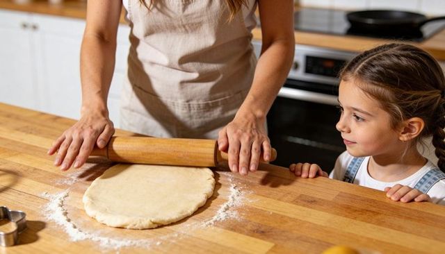 Parent and child rolling dough on wooden countertop with rolling pin and cookie cutter