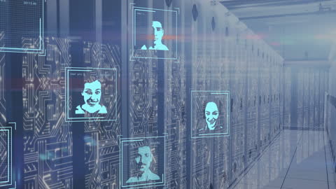 Digital Interface with Face Icons in Modern Data Center