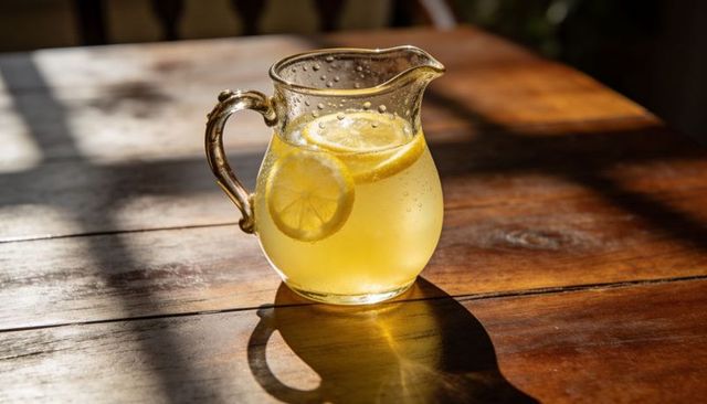 Sunlit glass pitcher of lemonade with lemon slices and condensation on rustic wooden table