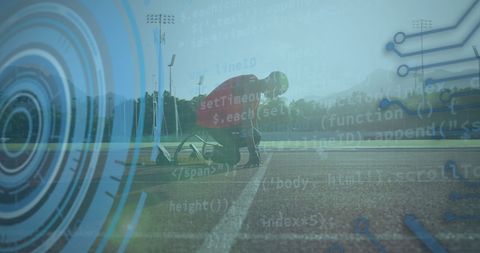 This creative composition features a disabled African American runner crouching at the starting line, overlayed with digital interface elements, symbolizing the intersection of sports and technology. Useful for articles or promotions related to innovative sports technologies, diversity and inclusion in athletics, or motivational content highlighting resilience and determination in sports.