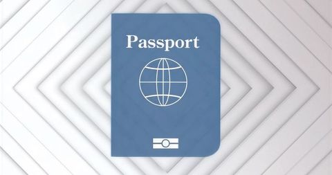 Blue passport graphic with globe and biometric symbol on layered geometric backdrop