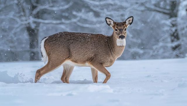White-tailed doe standing in snowy forest clearing moving through fresh snow