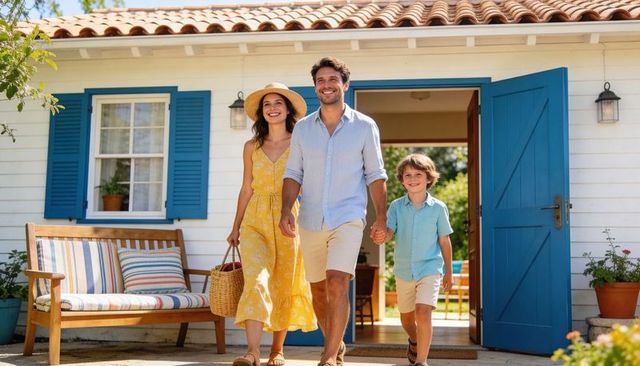 Smiling family walking from coastal cottage porch carrying straw hat and wicker picnic basket