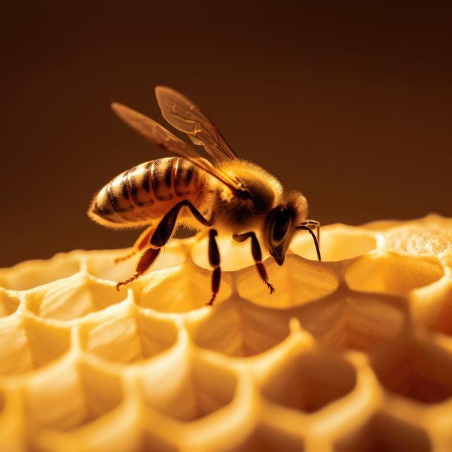 Close up of bee on honeycomb on black background created using generative ai technology - Download Free Stock Photos Pikwizard.com