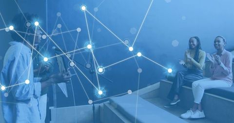 Acoustic duo performing with applauding crowd and glowing digital network overlay