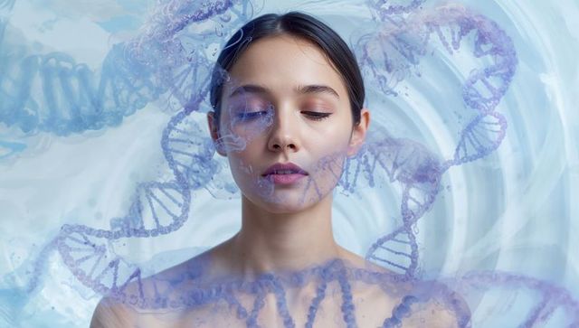 Serene adult asian woman floating among dna helices and water swirls evoking genetic beauty