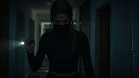 Mysterious female burglar exploring dark corridor with flashlight