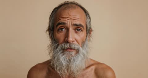 Bearded Man Expressing Serenity in Minimalist Setting