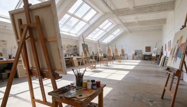 Sunlit artist loft with wooden easels, paint palette and brushes for creative workspace