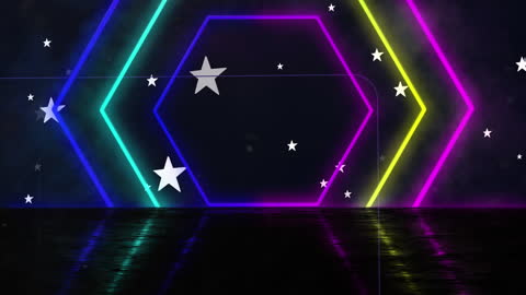 Futuristic Neon Hexagon Tunnel with Floating Stars