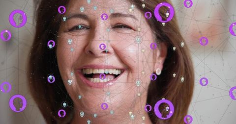 Smiling senior woman wearing earrings with ai network overlay and purple avatar icons