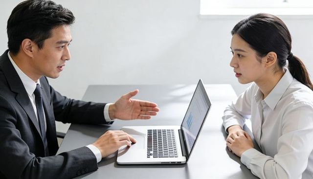Executive presenting data to colleague during one-on-one meeting with laptop and chart