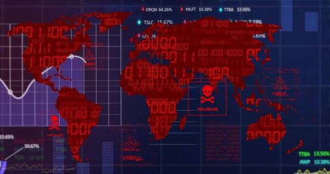 Red Binary World Map Displaying Cybersecurity Threat Visualization