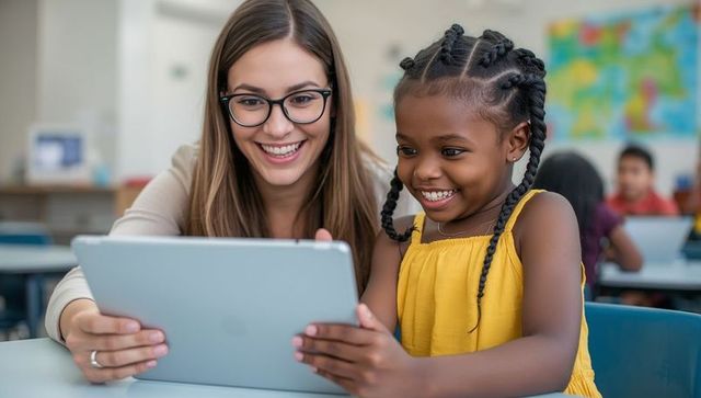 Teacher and student engaged in learning with tablet technology