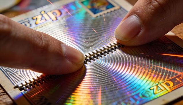 Pressing fingertips on holographic zipper strip producing iridescent rainbow diffraction