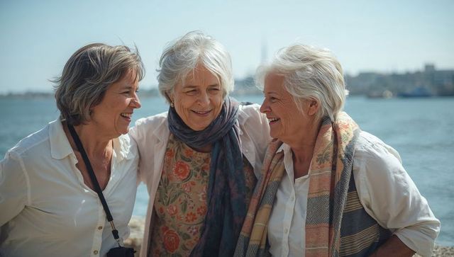 Three senior women laughing together on harbor waterfront wearing scarves