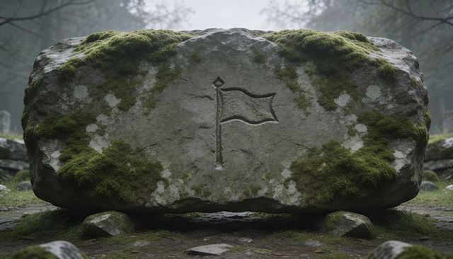 Moss-covered boulder carved with flag emblem in foggy woodland clearing, lichen detail