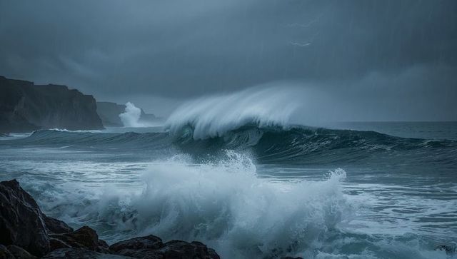 Majestic ocean waves crashing against rugged coastline