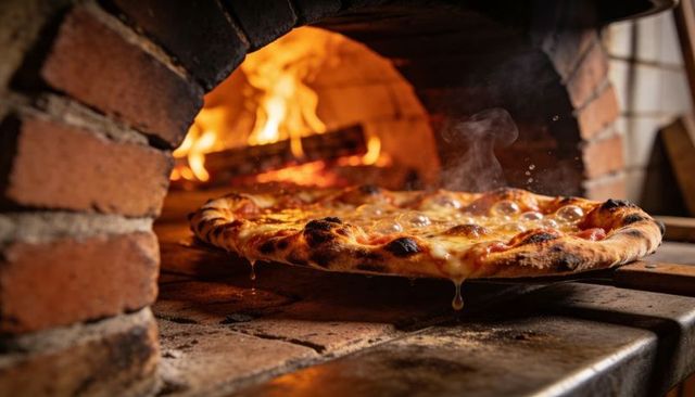 Wood-fired neapolitan pizza melting cheese in brick oven with charred crust