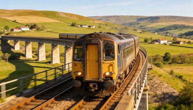Diesel passenger train speeding across viaduct through rolling green countryside