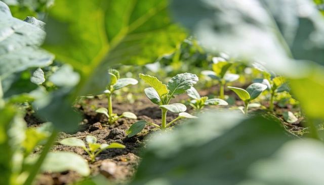 Sunlit cabbage seedlings emerging in garden bed with green leaves framing fresh growth