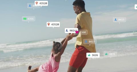 Black father swinging daughter on sunny beach with social media icons overlay family joy