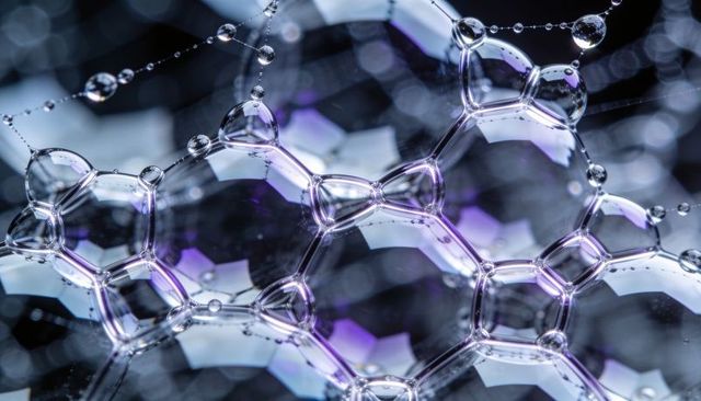 Iridescent soap film network shimmering macro closeup showing polygonal bubbles and droplets