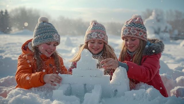 Three girls building snow castle in winter wonderland