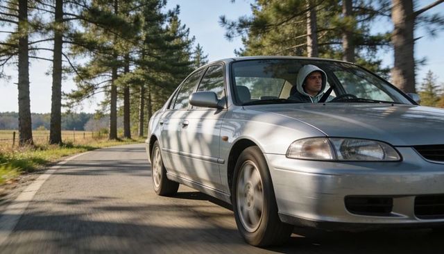 Man in hoodie driving silver sedan on winding pine-lined country road in sunlight