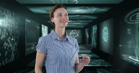Businesswoman Holding Tablet in Futuristic Medical Data Environment