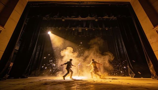 Dramatic theatre trio performing under spotlight amid dust, smoke and flying sparks