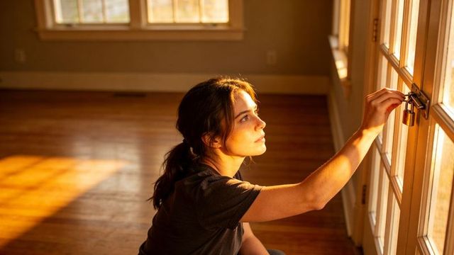 Young woman unlocking french doors in sunlit empty room at golden hour