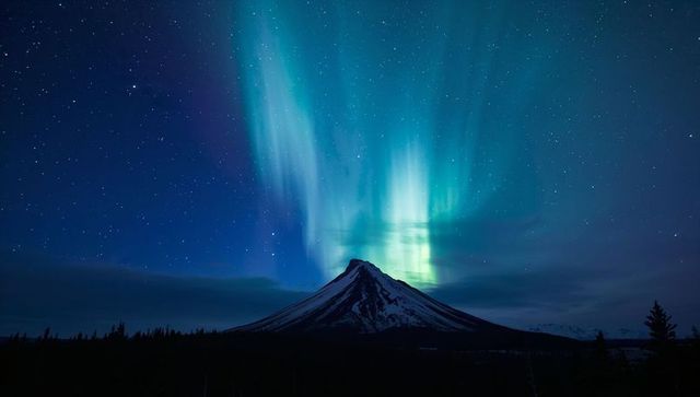 Dancing Northern Lights Above Snow-Capped Volcanic Peak Under Starlit Sky