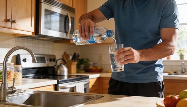 Pouring water into glass in bright home kitchen showing hydration and healthy lifestyle
