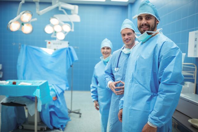 Portrait of male and female surgeon standing with in operation theater at hospital