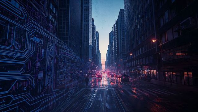 Futuristic Urban Street with Circuit Overlay and Reflections