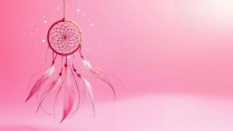 Dreamcatcher with feathers on vibrant pink background